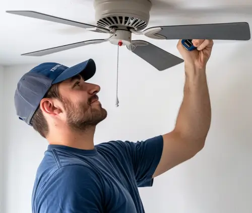 Professional installation of a ceiling fan in a residential setting by an electrician.
