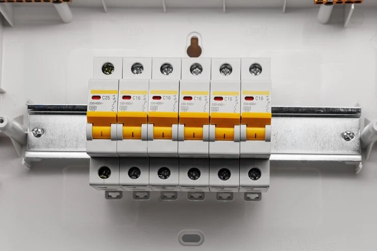 Protective electrical devices installed on a DIN rail for switchboard upgrades in Perth.