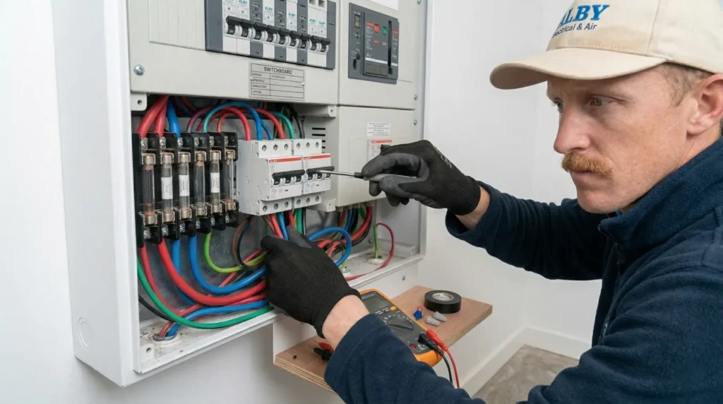 Electrician servicing a switchboard, ensuring safety and efficiency for Alby Electrical & Air in Perth.