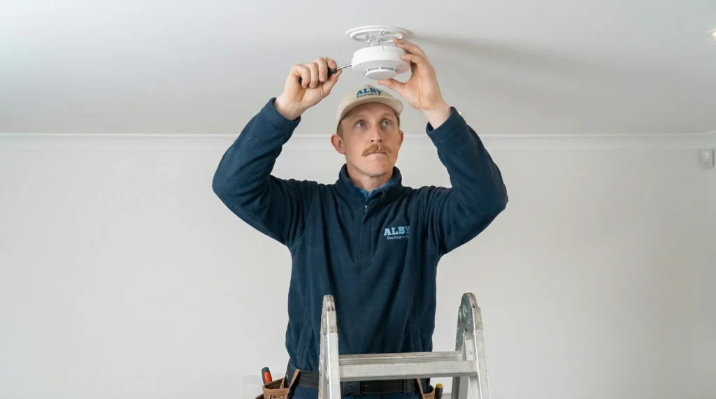 Electrician installing a smoke alarm, highlighting safety standards in Perth.