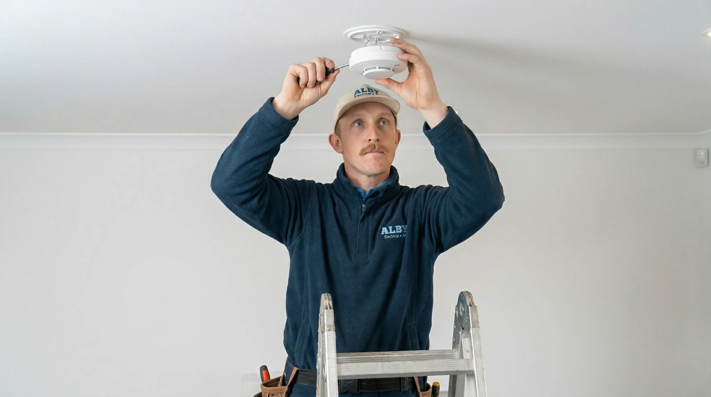 Electrician installing a smoke alarm, highlighting safety standards in Perth.