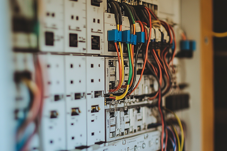 Close-up of a switchboard showcasing wiring involved in a switchboard upgrade for electrical services in Perth.