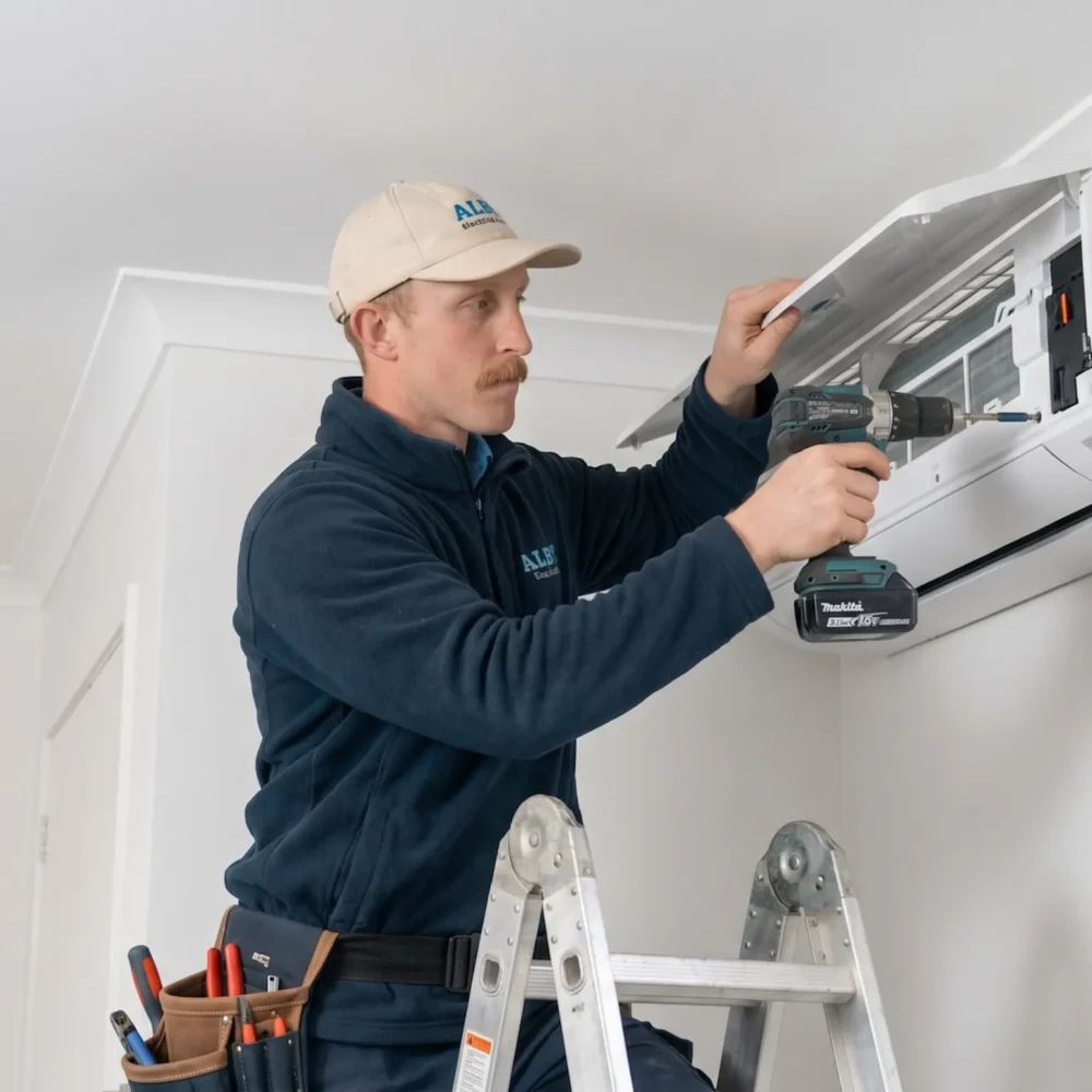 Technician installing a wall-mounted air conditioner while standing on a ladder indoors