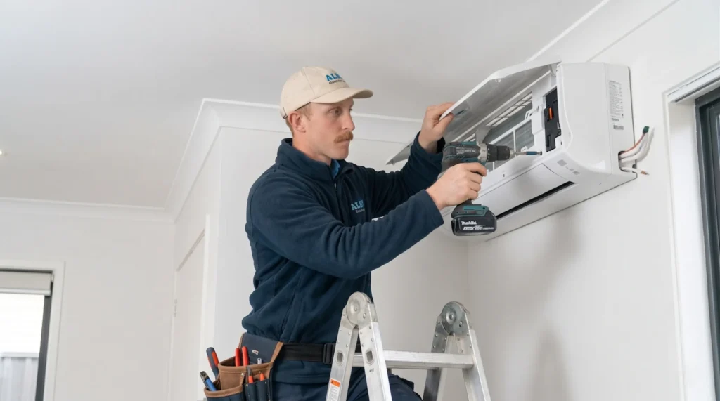 Technician installing a wall-mounted air conditioner while standing on a ladder indoors