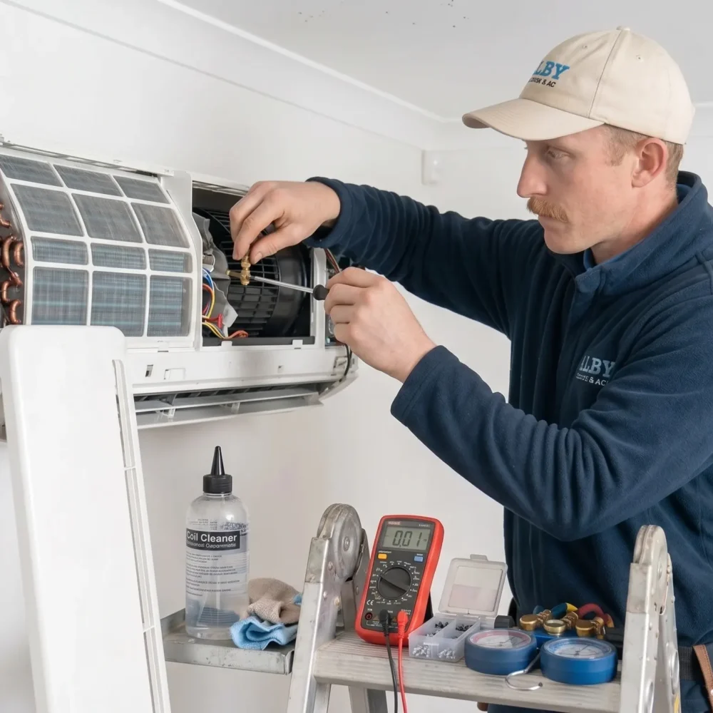 Technician repairing a wall-mounted air conditioner while standing on a ladder indoors.
