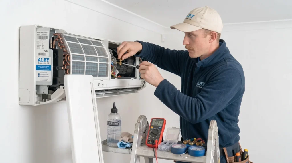 Technician repairing a wall-mounted air conditioner while standing on a ladder indoors.