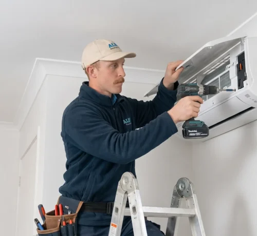 Technician installing a wall-mounted air conditioner while standing on a ladder indoors