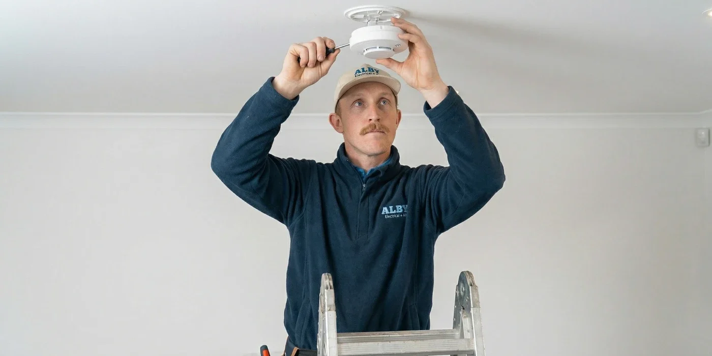 Electrician installing a smoke alarm, highlighting safety standards in Perth.