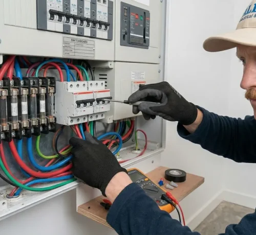 Electrician servicing a switchboard, ensuring safety and efficiency for Alby Electrical & Air in Perth.