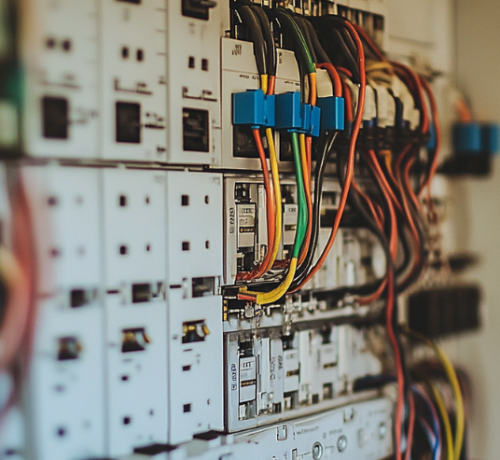Close-up of a switchboard showcasing wiring involved in a switchboard upgrade for electrical services in Perth.