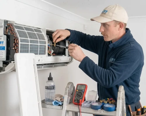 Technician repairing a wall-mounted air conditioner while standing on a ladder indoors.